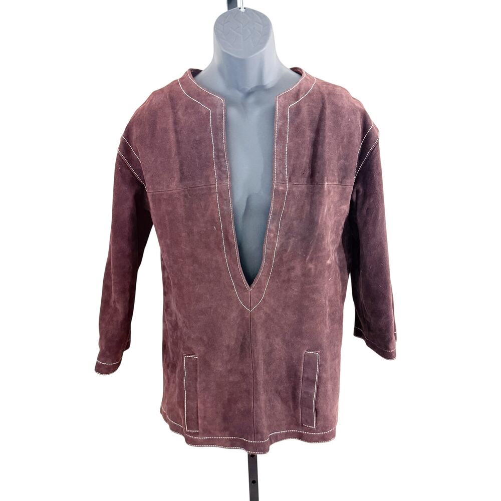 Vintage 70s Sabrina Brown Suede Deep V Neck Tunic Men's Size Small EUC Pockets
